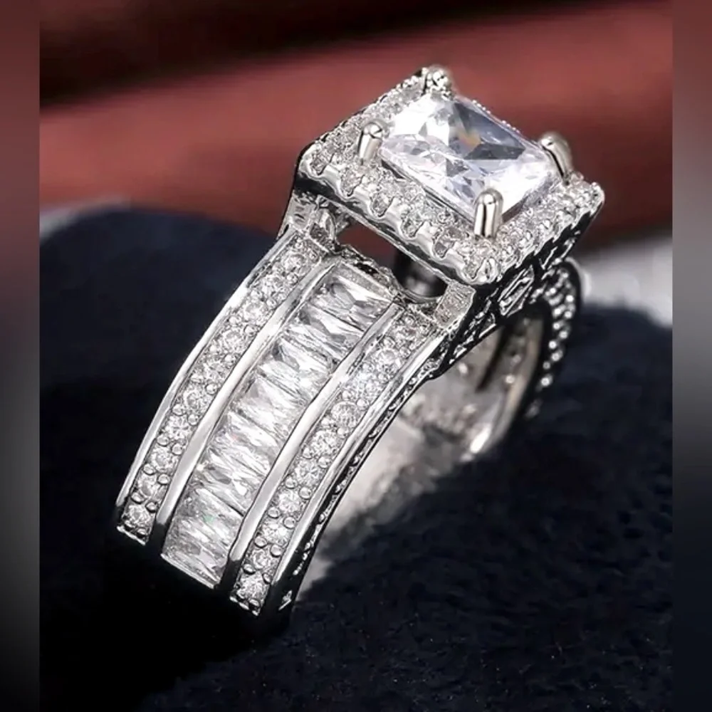 Diamond Zircon Ring with 4 Prong Halo setting, New, Size 6